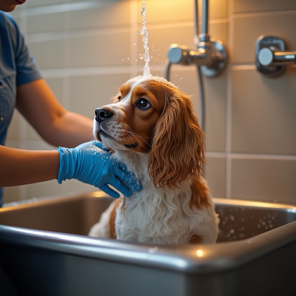 Bagno professionale per cane al salone Selenmorhub